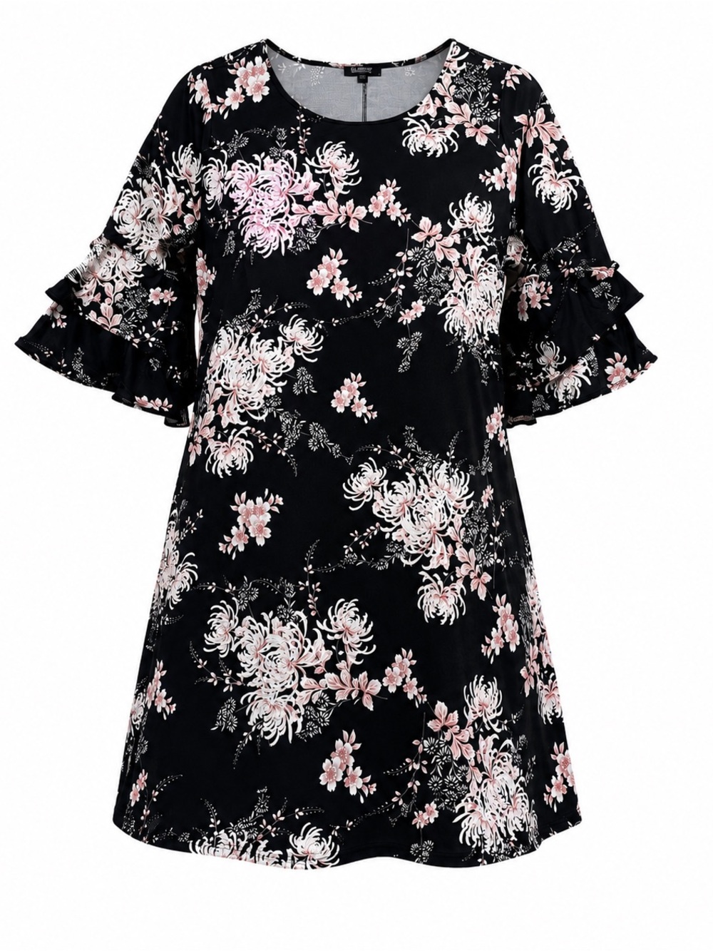 Glamour Black Midi Dress with Pink & White Floral Pattern